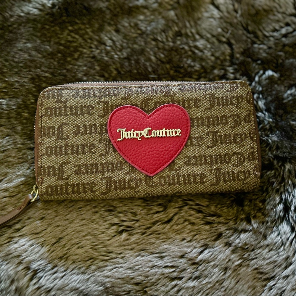Juicy Couture Brown Zip Around Wallet with Red Heart Accent